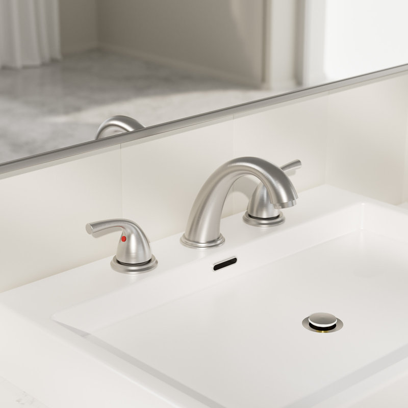 Brushed Nickel Widespread Bathroom Sink Faucet 8 Inch 3 Hole Low Arc Bathroom Faucet, With Metal Pop-Up Drain With Overflow And Water Supply Line