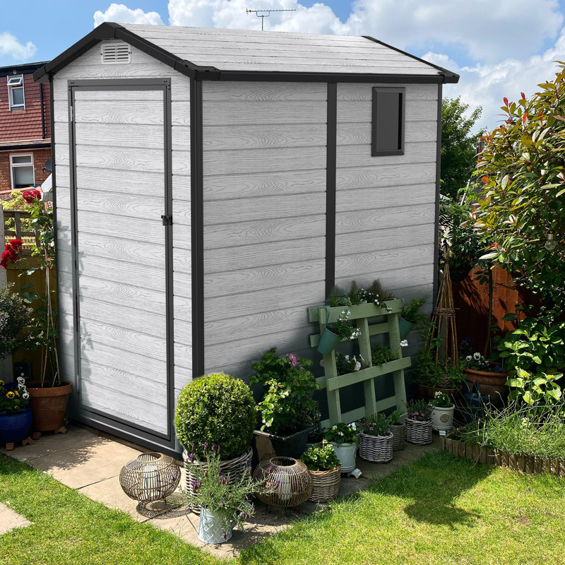 GVDV 4.2x5.7 FT Resin Outdoor Storage Shed, 150 Cuft Garden Tool Sheds & Outdoor Storage Plastic Shed with Floor, 7FT Tall Backyard Outside Lawn Mower Storage Shed with Side Window,  Grey