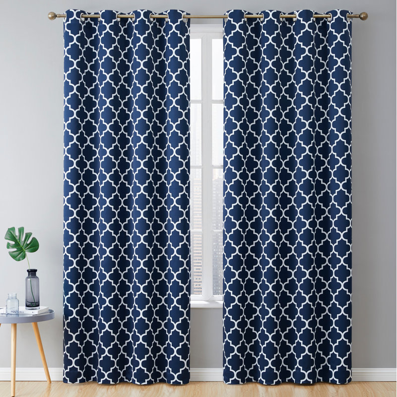 Geometric Blackout Thermal Grommet Curtain Panels, Navy Blue, 52" W x 84" L