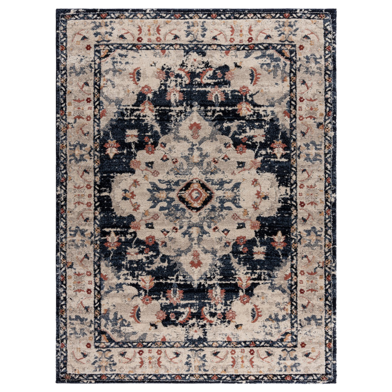 Imani Brielle Traditional Oriental Plush Navy Blue/Beige/Rose Polypropylene/Polyester Shag Area Rug, Rectangle 7'10" x 10'