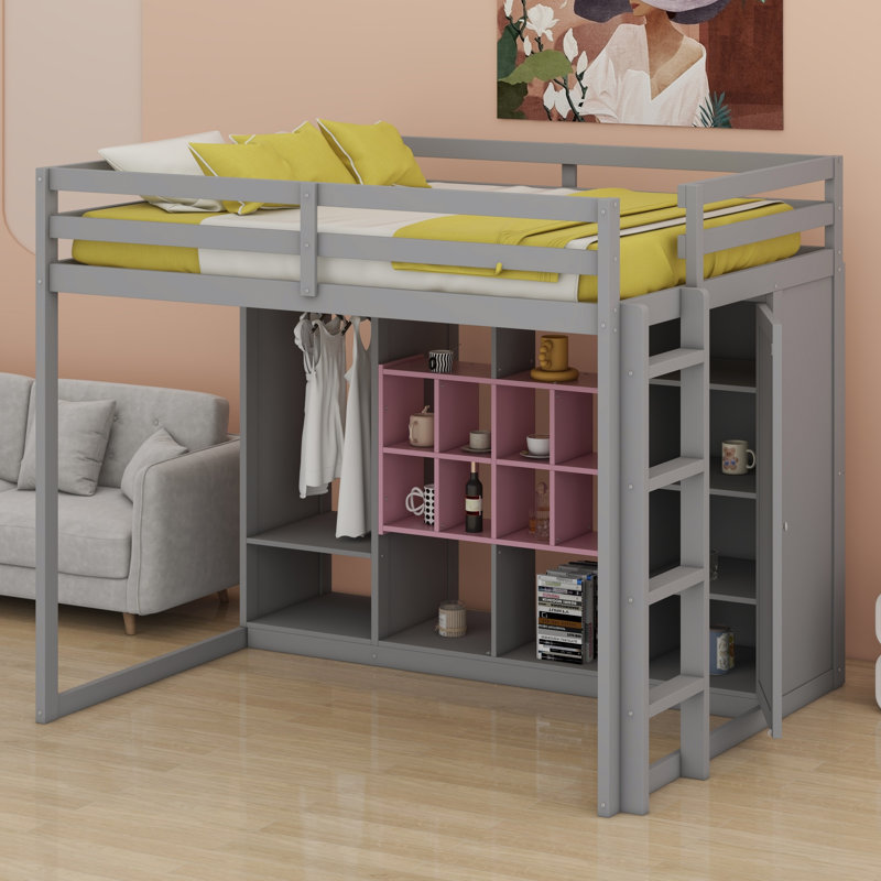 Lit mezzanine en bois avec garde-robe, tablettes et armoire, Double, Gris / Rose