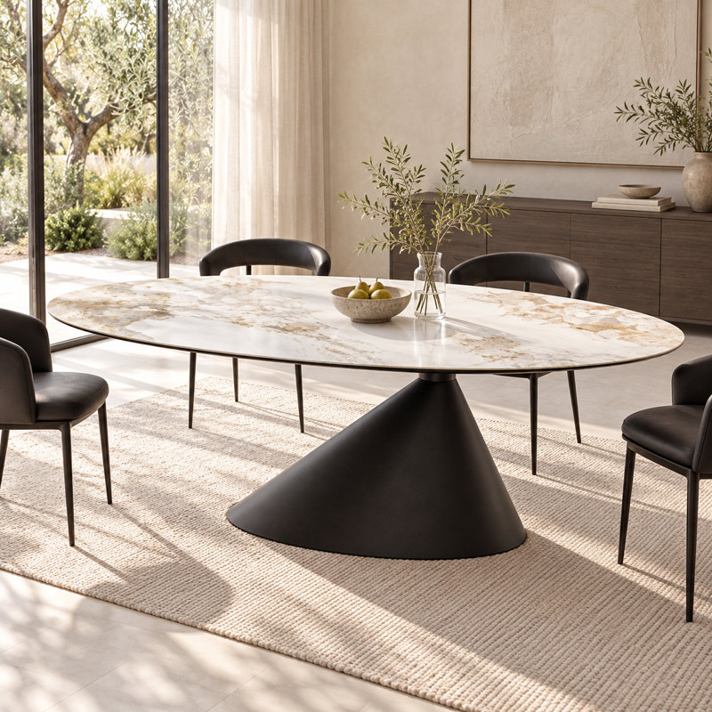 Table de salle à manger ovale moderne en pierre frittée avec dessus d'aspect marbre et pied central en acier inoxydable, idéale pour la cuisine et le salon.