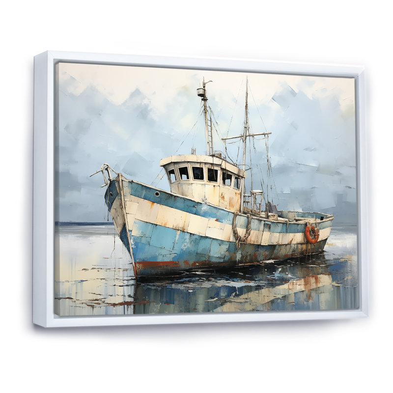 Bateau de pêche bleu et blanc - bateau côtier, art mural, H 30 po x l 40 po x P 1,5 po, Cadre flottant blanc