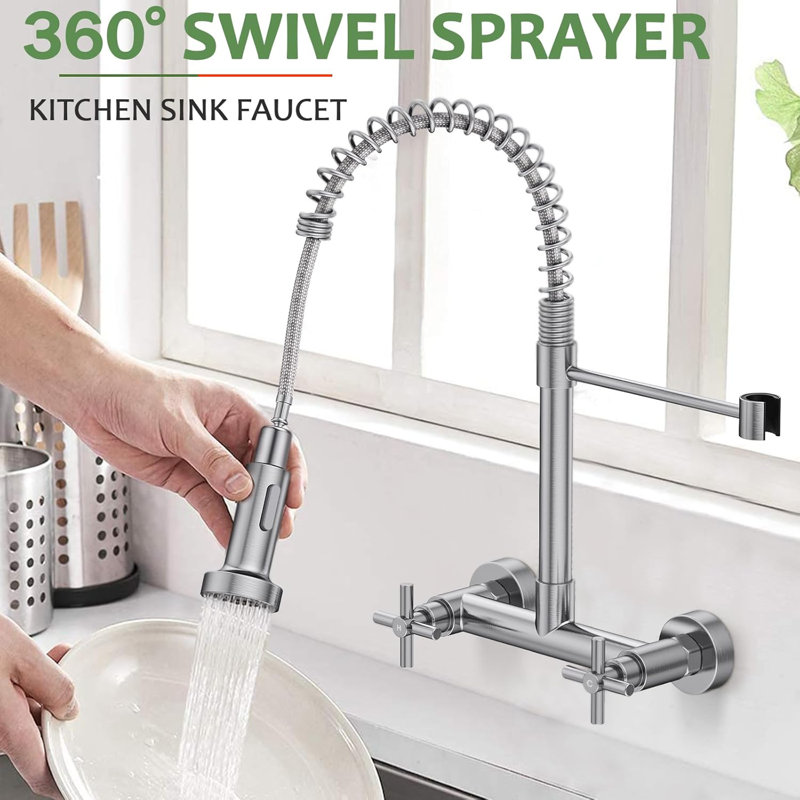 Double-Handle 2-Hole Wall-Mount Pre-Rinse Bridge Kitchen Faucet, Brushed Nickel