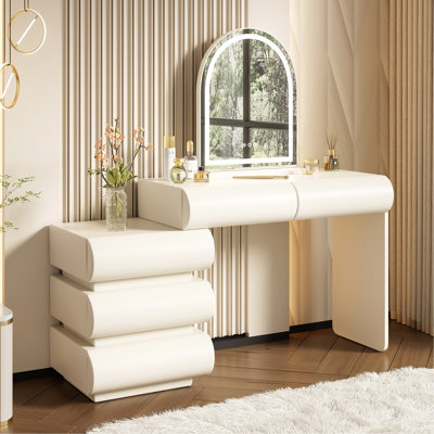 Coiffeuse de luxe 2 en 1 avec finition en cuir, miroir lumineux à 3 couleurs DEL, coiffeuse de maquillage moderne avec table de chevet, coiffeuse avec 5 tiroirs de rangement, beige