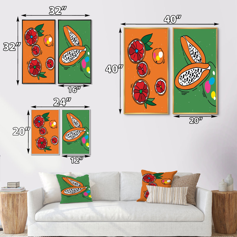 «Organic Vintage Hipster Fruits II», ensemble de 2 impressions, H 40 po x l 40 po x P 1,5 po, Toile avec cadre blanc