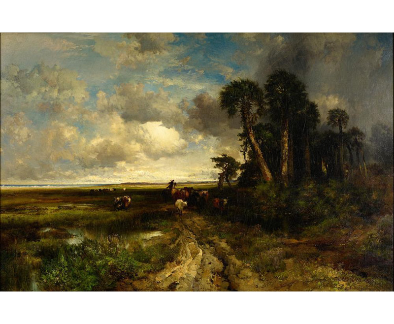 "Bringing Home the Cattle - Coast of Florida" par Thomas Moran - Art mural sur toile tendue avec châssis, H 24 po x l 17 po