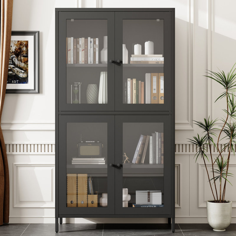 Bibliothèque en métal avec 4 portes en verre et 4 tablettes