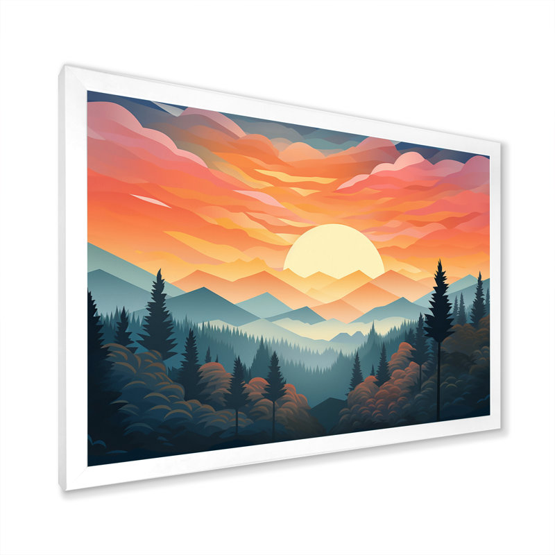 «Mountain Forest Daydream Peaceful Sunset» sur toile, H 16 po x l 32 po x P 1 po, Cadre simple blanc