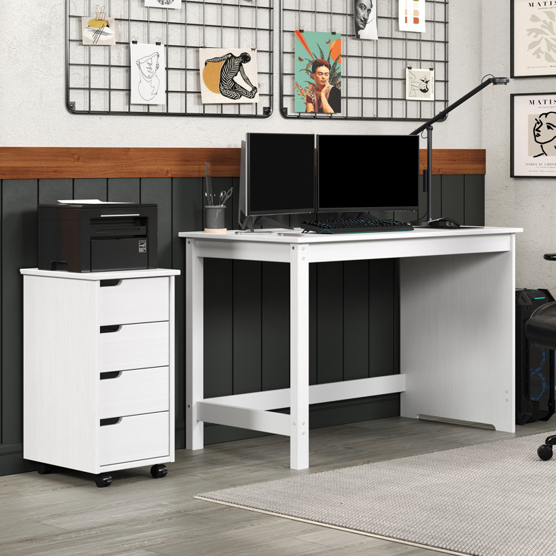 SOLID WOOD DESK & ROLL CART SET IN WHITE