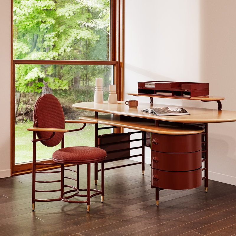 Frank Lloyd Wright Racine Desk with Storage and Accessories, 35" H x 84" W x 37" D, Maple Brown/Red