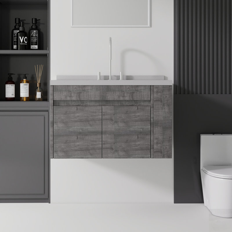 Meuble-lavabo flottant avec lavabo, porte à fermeture en douceur et comptoir en marbre de culture durable pour salle de bain moderne