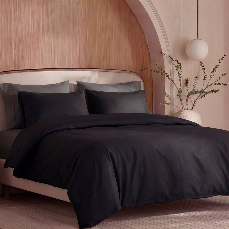 100% Washed Cotton Comforter Set Queen Size – Black, Linen-Like Texture, Soft & Breathable Bedding Set, 3-Piece Durable Percale Comforter