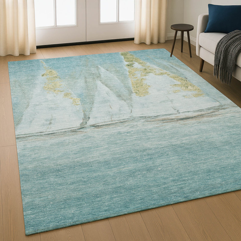 Premium Machine Washable Mayfield AMF2084 Coastal Rug, Teal, 3' x 5'