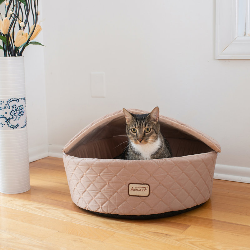 Medium Light Apricot Velvet Cat Bed with Hood