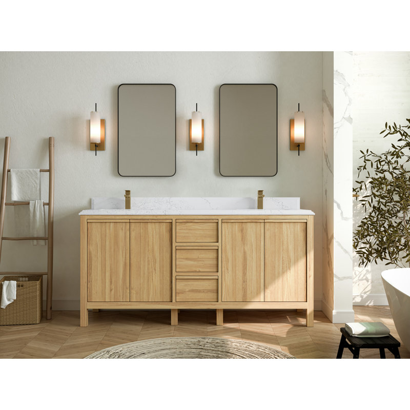 72'' Light Natural Teak Double Sink Bathroom Vanity with Quartz Top