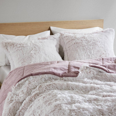 Rose et blanc, édredon en fausse fourrure à poils longs, lit double / grand, 3 pièces, rembourrage, revers doux, lavage en machine séparément, - double / grand, chaud, cycle doux