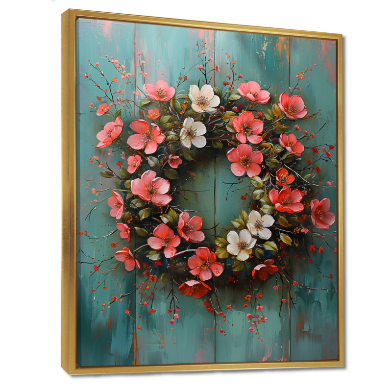 Pink Blue Spring Symphony Wreath III - Wreath Wall Art, Gold Floater Framed, 16" H x 32" W