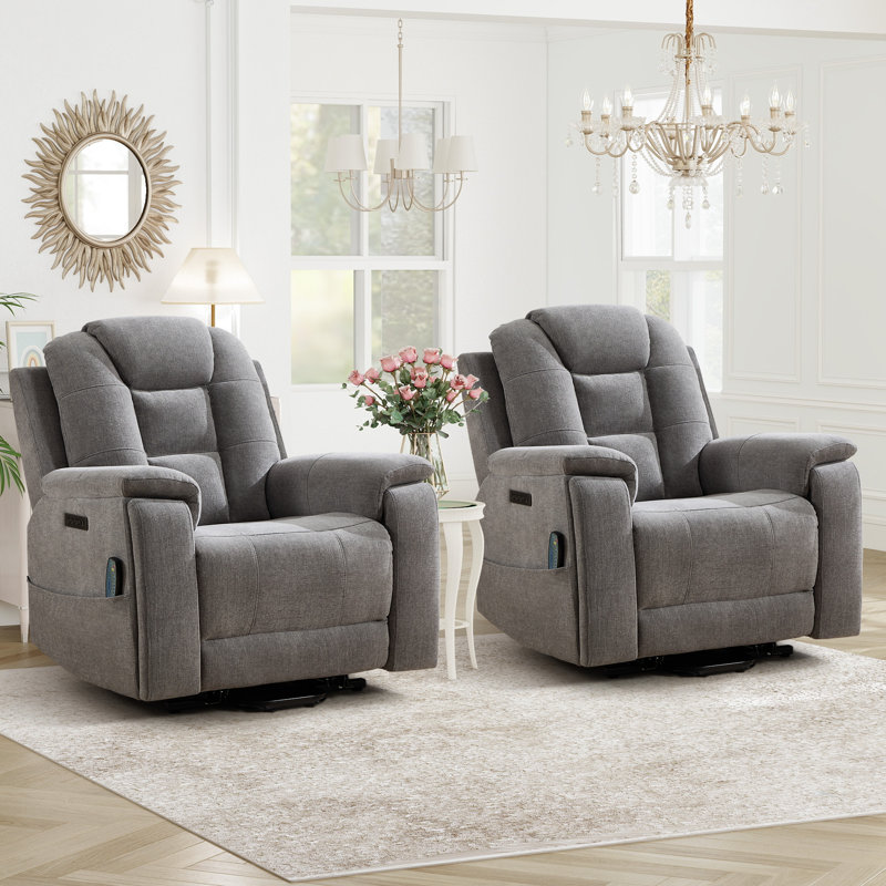 38.98" Wide Chenille Power Lift Assist Recliner With 8-Point Massage & Lumbar Heat USB/Type-C Ports & And Dual Hidden Cup Holders(Set Of 2)
