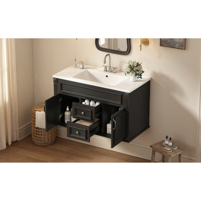 Meuble-lavabo mural 36 po avec lavabo et tiroirs en céramique, meuble-lavabo simple de style français avec charnières à fermeture douce