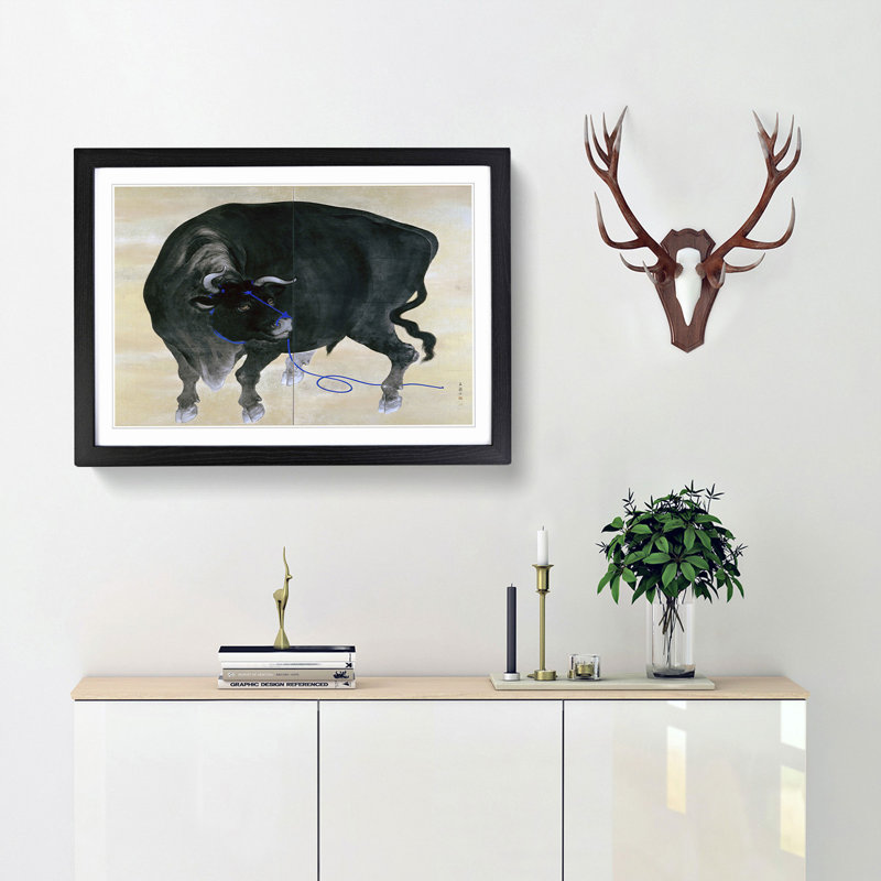 Black Bull by Mochizuki Gyokusen - Picture Frame Art Print, 27cm H x 36cm W x 2cm D, Black Framed