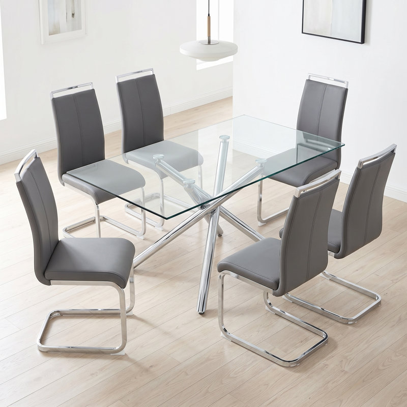 Table de salle à manger rectangulaire moderne en verre trempé avec base en X en métal, Transparent / argent