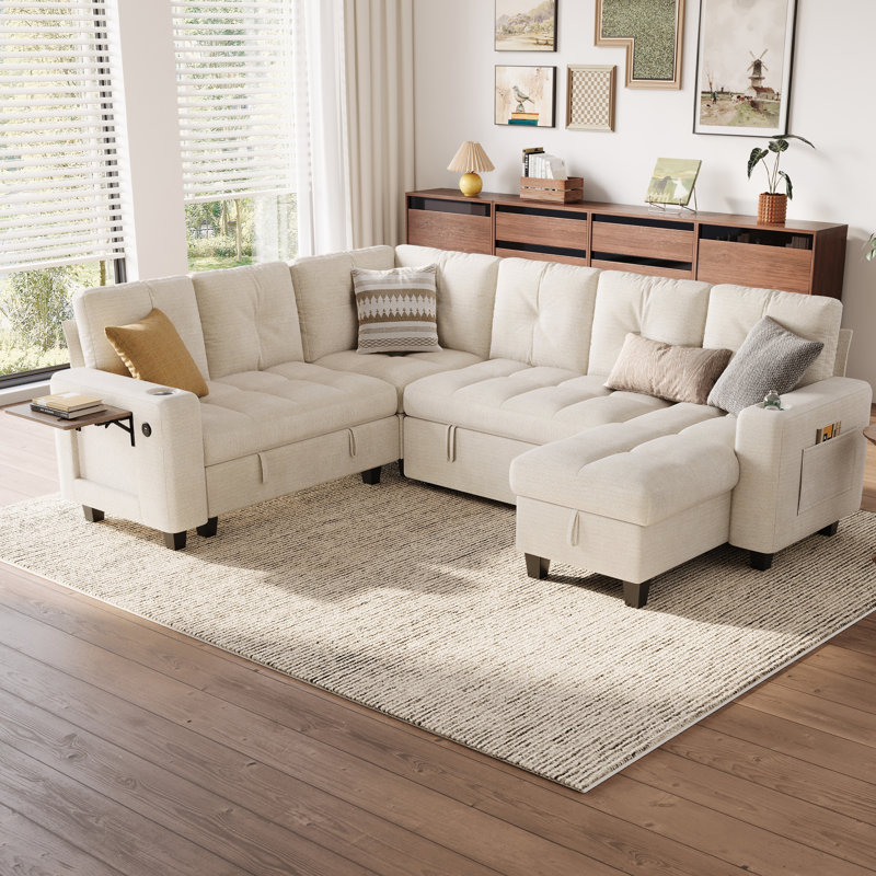  Canapé modulaire en coin capitonné avec canapé-lit, chaise de rangement et table d'appoint Benett, Chenille beige