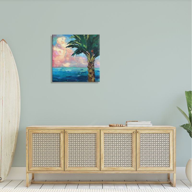 «Bold Beach Horizon Palm Tree Pink Sunlit Clouds» par Page Pearson Railsback - peinture sur toile tendue