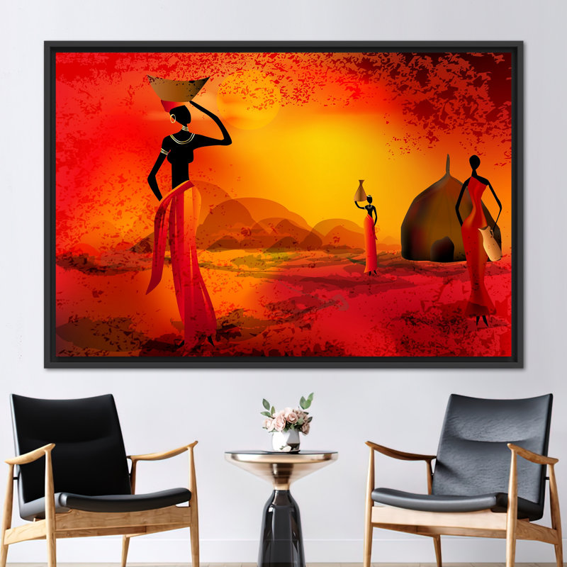 Art africain abstrait coucher de soleil avec femme sur toile de qualité supérieure, H 41 po x l 94 po, Noir