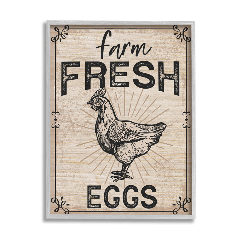 «Farm Fresh Eggs», art de giclée de poule rétro par Angela Nickeas, H 30 po x l 24 po x P 1,5 po, Encadré gris