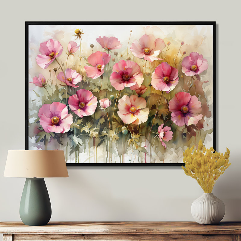 Reproduction d'art rose sur fond rose bouton d'or II - Buttercups, Toile avec cadre flottant noir