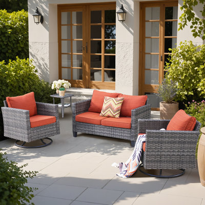 Ensemble de mobilier de patio pour 4 personnes avec chaises berçantes pivotantes, ensemble de conversation en rotin et osier avec coussins, ensemble de conversation toutes saisons avec table de bout pour jardin