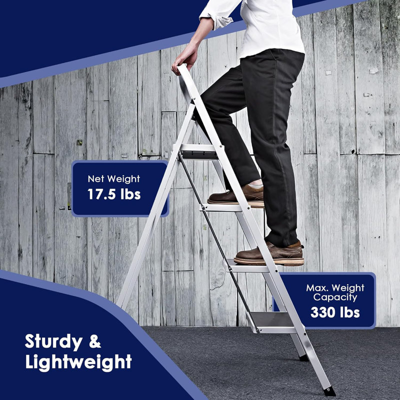 4 Step Alloy Steel Folding Stool Portable Ladder With Hand Grip And Secure Locking Mechanism For Indoor Or Outdoor Use, White