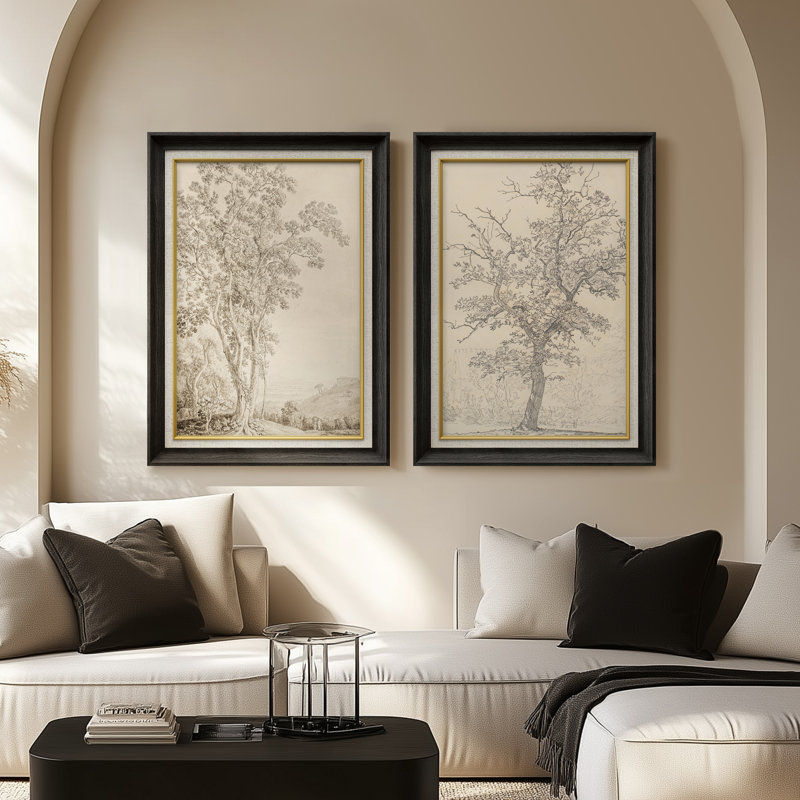 Croquis détaillé d'arbre, dessin au trait, ensemble de 2 reproductions d'art encadrées de qualité supérieure sur papier 26 po x 36 po
