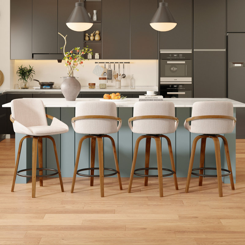 Tabouret de bar 26 po pivotant à 360 ° de 26 po avec dossier incurvé et structure en bois massif - ensemble de 4, Beige
