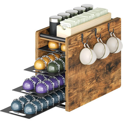 72 Pod 4-Tier Coffee Pod Storage Drawer, Rustic Brown Countertop Organizer for Nespresso Vertuo Capsules
