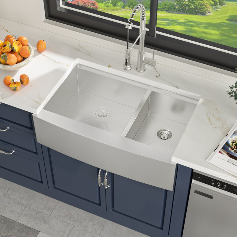 33" L Double Bowl Stainless Steel Farmhouse / Apron Kitchen Sink Workstation with Accessories, 50/50
