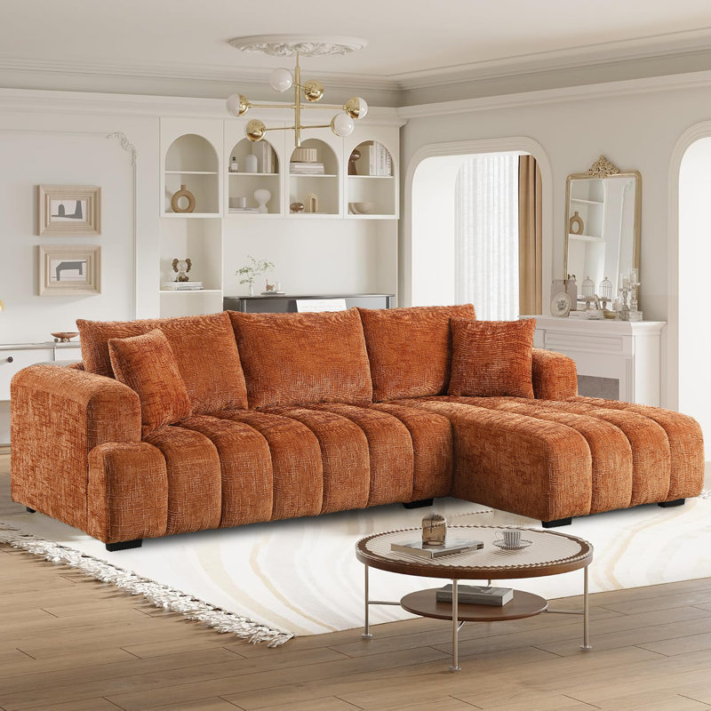 Modern Tufted Sectional Right-chaise Sofa , Chenille caramel, Orienté à droite, H 34,2 po x l 109,4 po x P 62,5 po