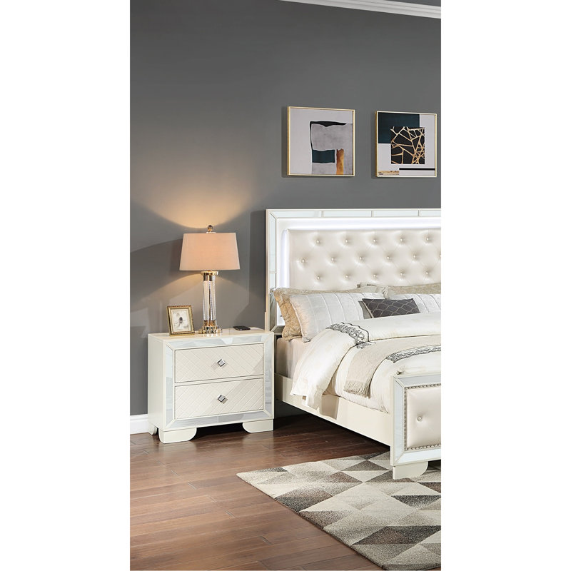 Armoire de chevet moderne avec 2 tiroirs, charge sans fil et poignée en diamant en bois massif crème
