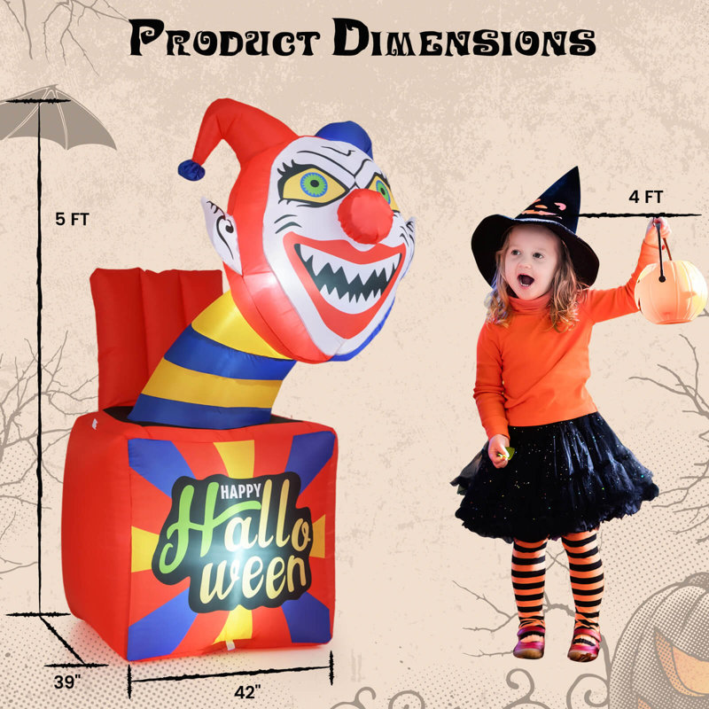 5 Ft Halloween Inflatable Clown Blow up Circus Clown Box Decoration with LED Lights