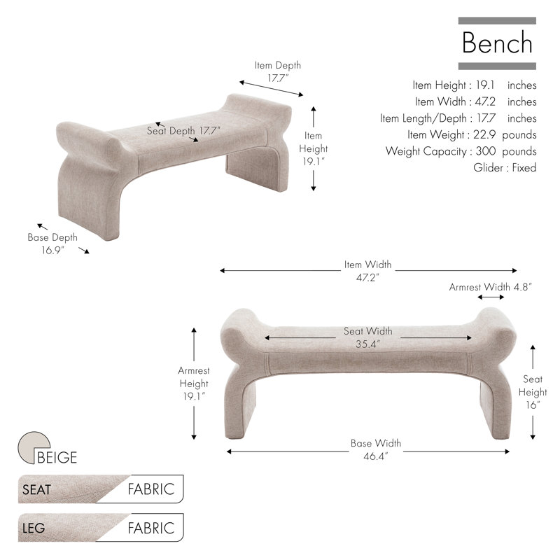 Wrought Studio™ Cleve Fabric Waterfall-like Bench, Beige