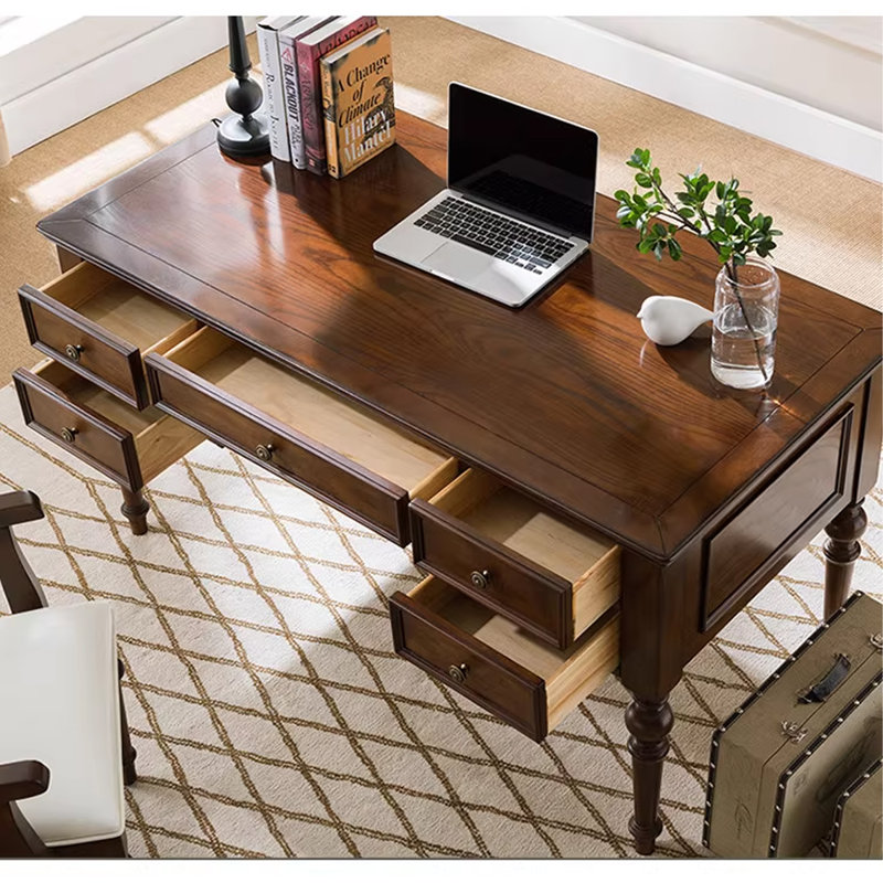 Bureau en bois massif de style américain, H 30,7 po x l 55,11 po x P 23,61 po, Brun