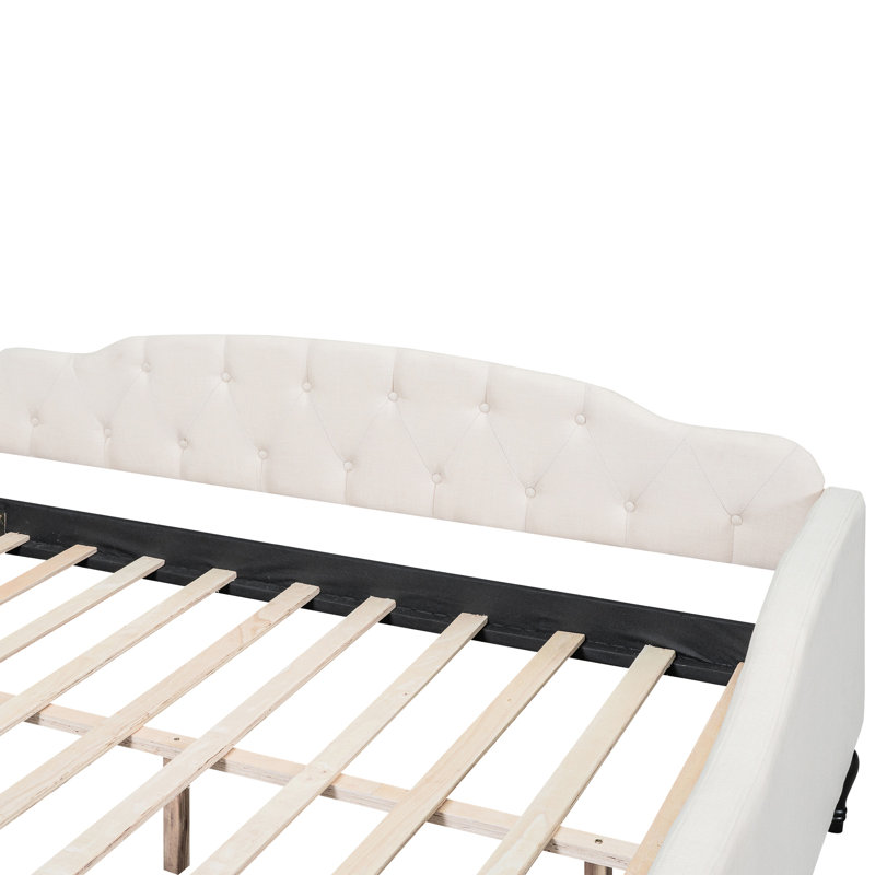 Beige Daybed With Wood Slats And Upholstery Full Size Upholstered In - Frame No Box Spring Versatile For Various Uses Adds Elegance To Room