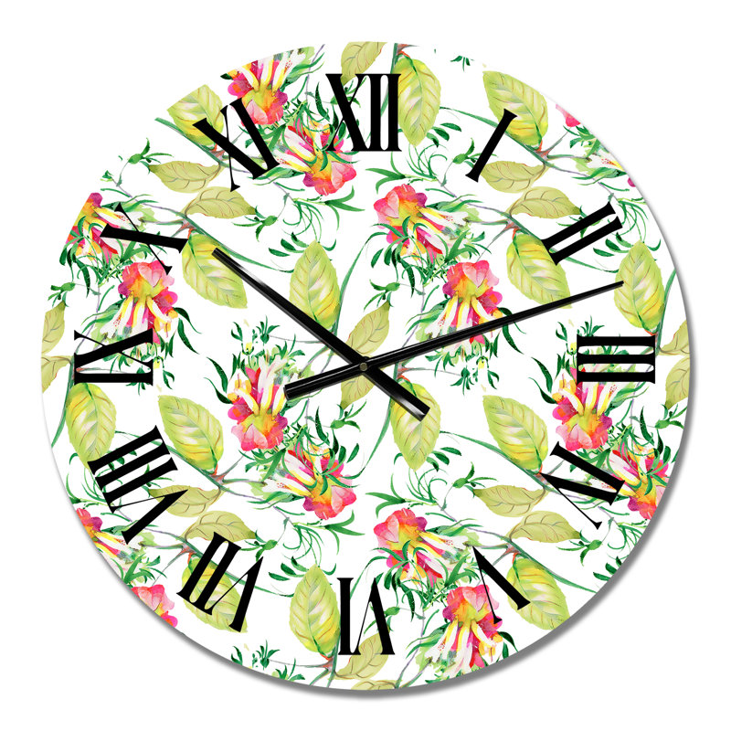 Red Flowers with Green Leaves - Patterned Wall Clock, Small