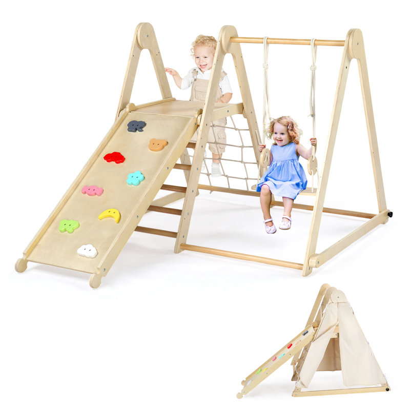 Structure d'escalade en bois pour enfants avec balançoire et filet d'escalade pliable