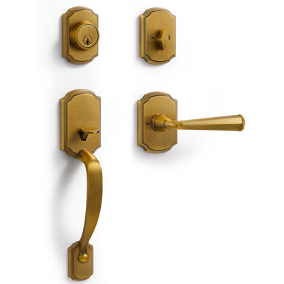 SORWDUERM - Ensemble de 1 poignée de porte d'entrée et de pêne dormant réversible en laiton antique avec serrure et cylindre simple à clé