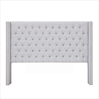 Transitional Button Tufted Upholstered Queen Headboard Adjustable Height Nailhead Accent Soft Gray Polyester