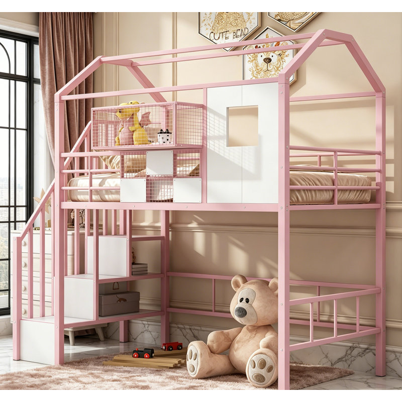 Metal Loft Bed With Roof Design And Storage Box, Twin Size, Ideal For Space-Saving And Child Safety, Pink