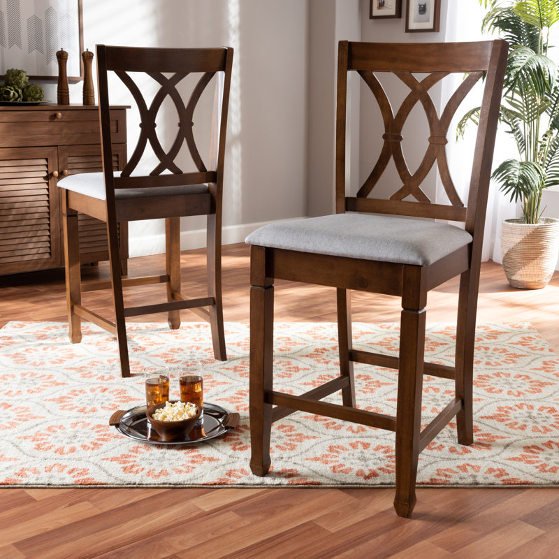 Upholstered Counter Stool with Solid Wood Frame, Bar Stool (29" Seat Height), Walnut Brown, Grey