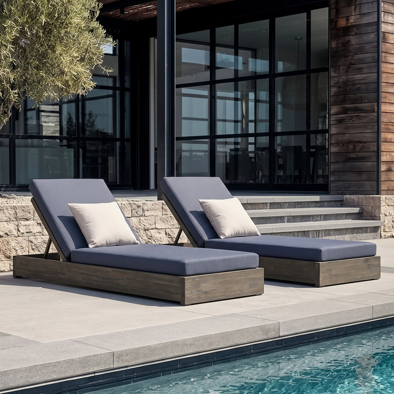 Donnie 30" Acacia Patio Chaise Lounge Set, Dark Gray Cusion/Gray Frame, Set of 2